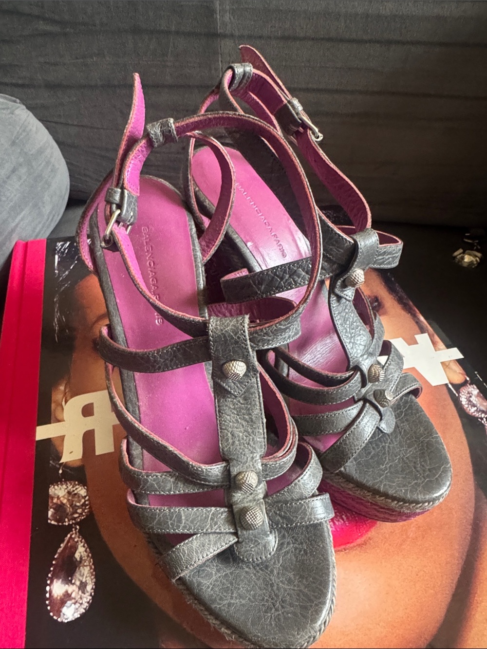 Balenciaga Gray Leather Strappy Wedge Sandals with Purple Platform - Picture 2 of 7